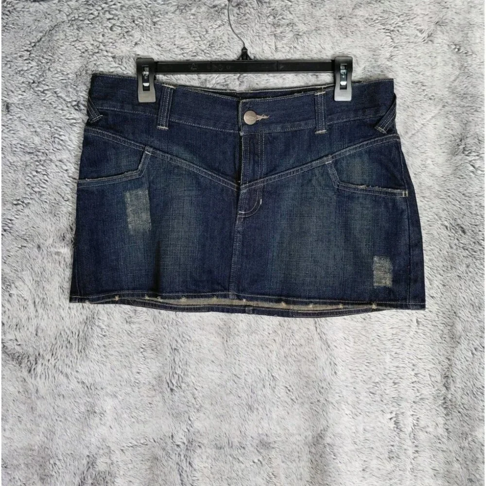 Vtg Y2K Mossimo Denim Low Rise Micro Skirt Sz 13 Distressed Festival Concert